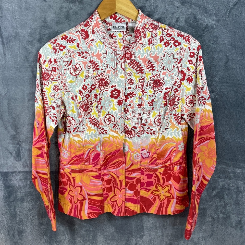 Chico's Womens Size 0 Floral Jacket Ombre Red Cotton Button Front Boho Artsy